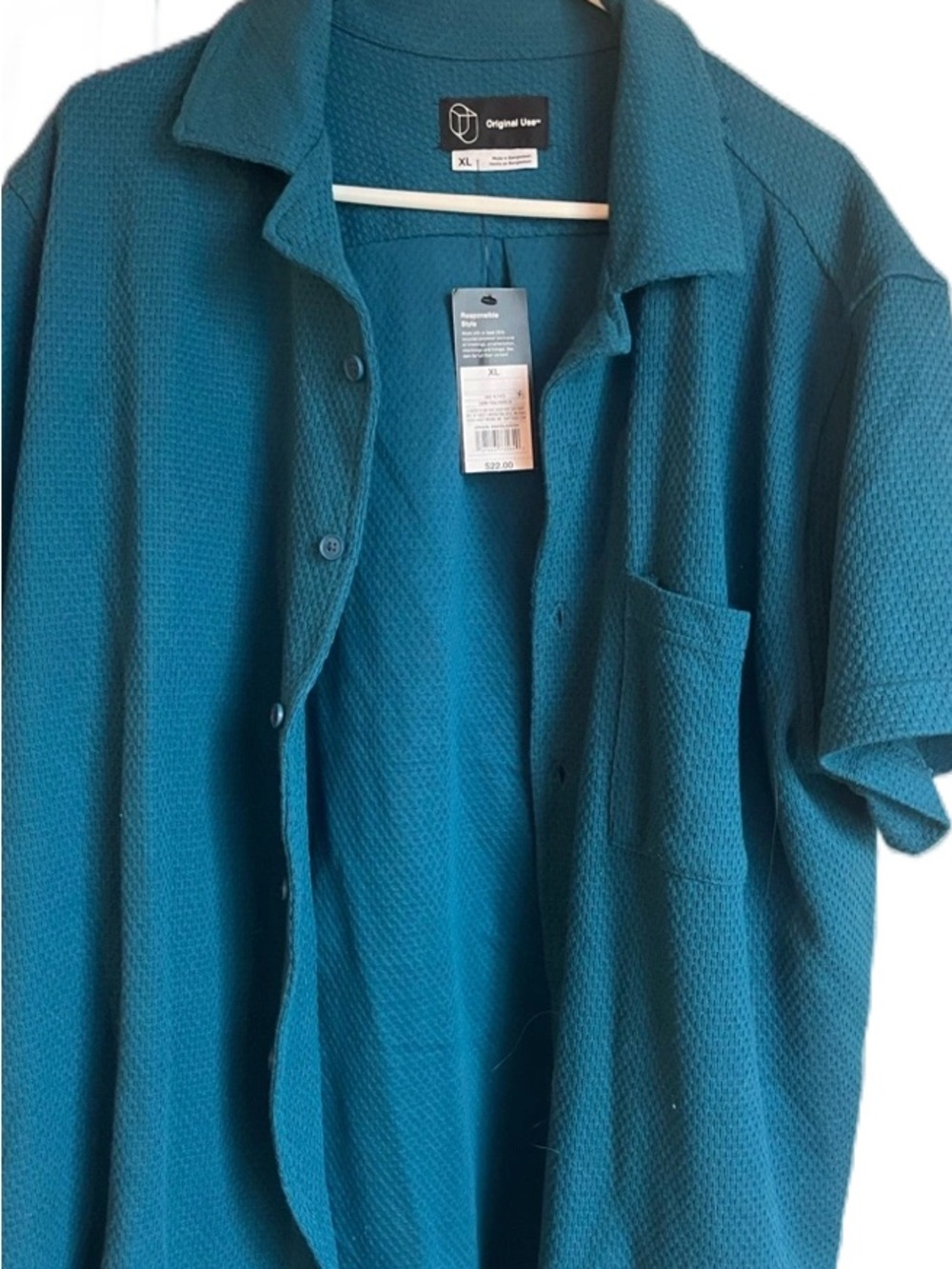 Men’s Original Use Teal Waffle Knit Short Sleeve Button-Down Shirt